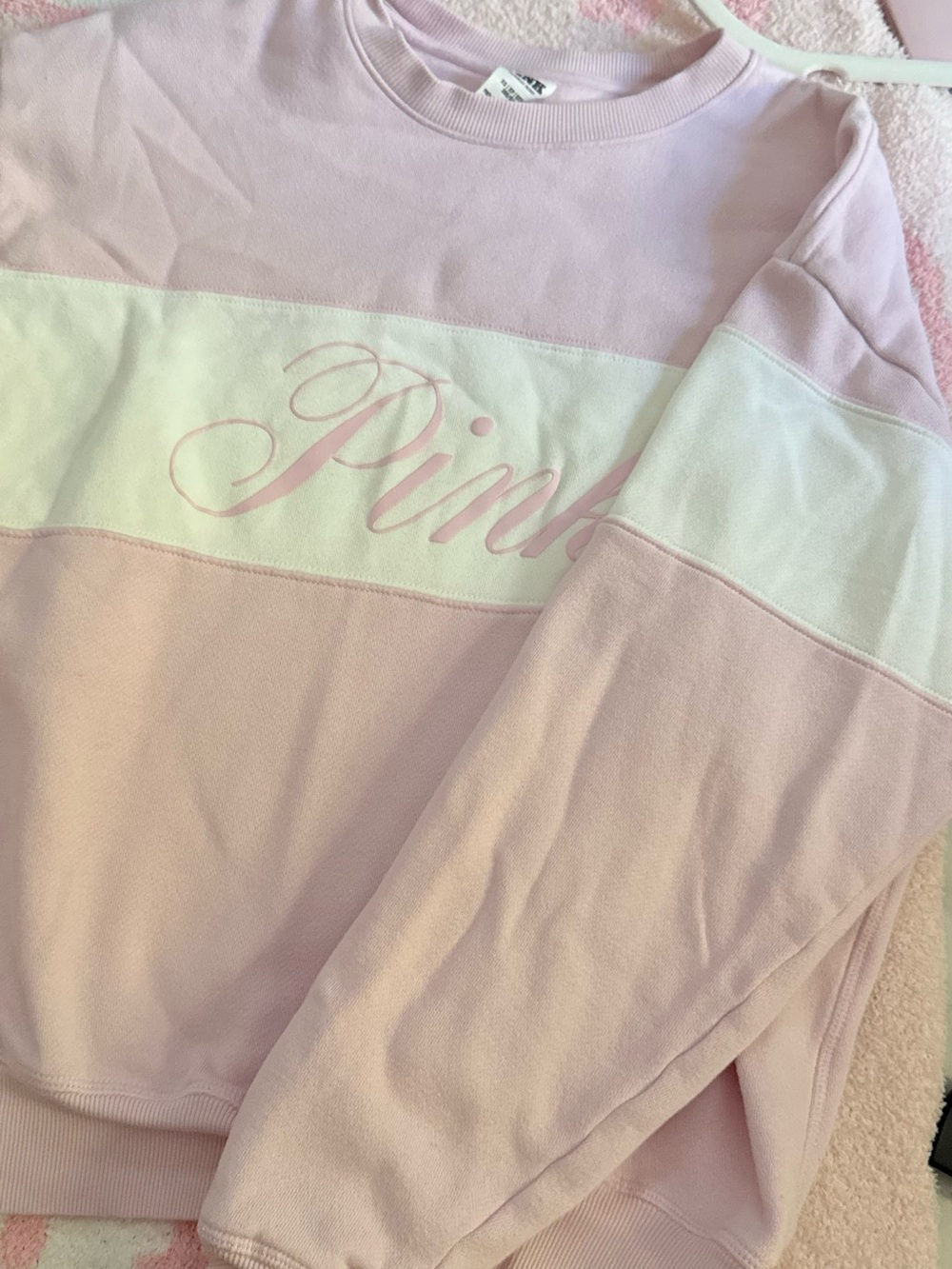 PINK Script Logo Crewneck Sweatshirt and Sweatpants in Light Pink & White